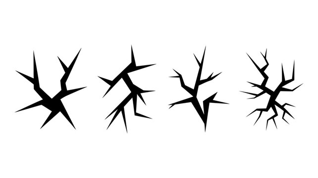 A series of four black jagged crack shapes are displayed against a stark white background resembling broken glass or fractured surfaces high quality professional detailed modern
