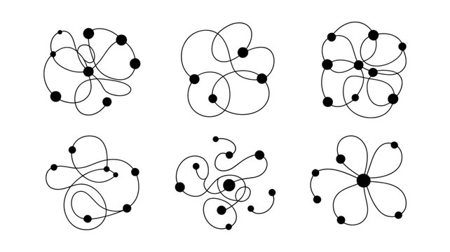 A minimalist arrangement features six abstract black line drawings on a white background each composed of interconnected circles and loops high quality professional detailed modern elegant