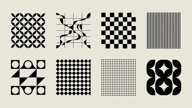 A collection of eight black and white geometric patterns is displayed in a grid format against a pale beige background high quality professional detailed modern elegant