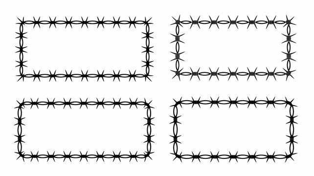 This image displays four rectangular frames constructed entirely from sharp black barbed wire creating a stark and potentially dangerous border high quality professional detailed modern elegant