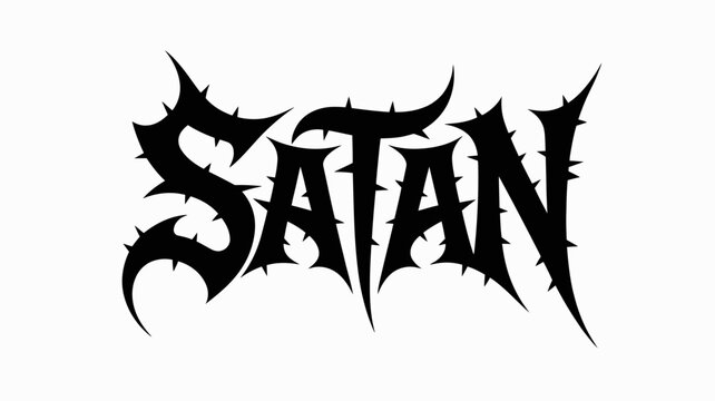 A stark black and white image displays the word satan in a highly stylized gothic and jagged font evoking a dark and ominous aesthetic high quality