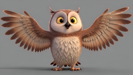 Obraz premium Cartoon owl spreading wings against neutral backdrop for visual content