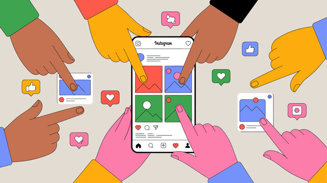Diverse hands interact with a smartphone displaying an instagram layout featuring likes comments and various social media icons high quality professional detailed modern elegant stylish clean