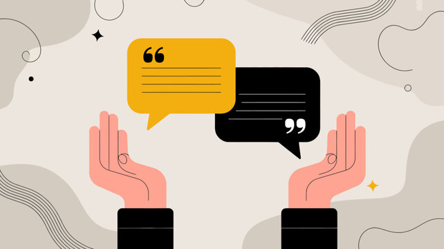 An illustrative depiction showcases two hands presenting speech bubbles one yellow and one black symbolizing communication and dialogue high quality professional detailed modern elegant stylish clean