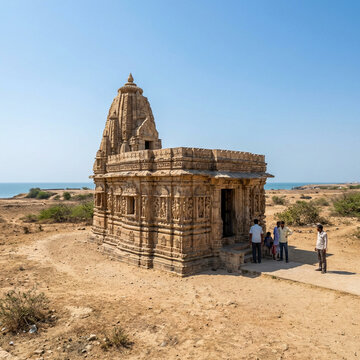 Rukmini Devi Temple Dwarka Small Sandstone Temple Isolated Landscape Carved Walls Gujarat Real Scene