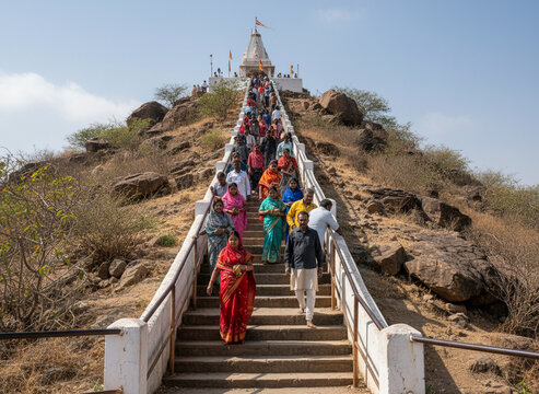 Chamunda Mata Temple Chotila Hill Long Staircase Pilgrimage Climb Gujarat Hilltop Temple Real Scene