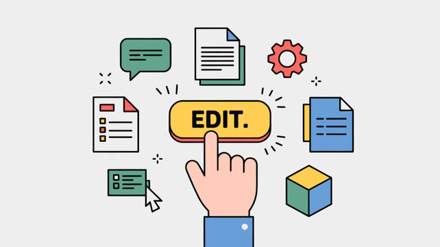 An illustration depicts a hand pressing the edit button surrounded by various icons representing document management and workflow high quality professional detailed modern elegant stylish clean
