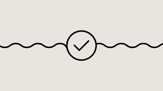 A minimalist graphic depicts a wavy line intersected by a circular icon containing a checkmark symbol suggesting confirmation high quality professional detailed modern elegant stylish clean