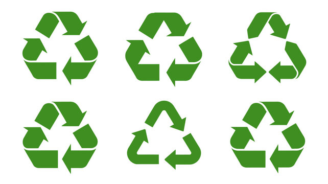 A collection of six green recycling symbols are displayed against a stark white background illustrating the concept of circularity high quality professional detailed modern elegant stylish