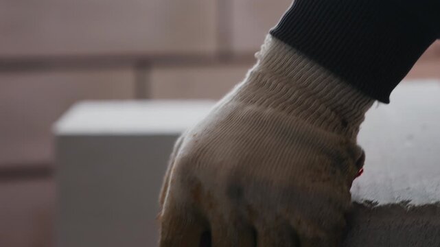 Worker moving aerated concrete block during construction close up