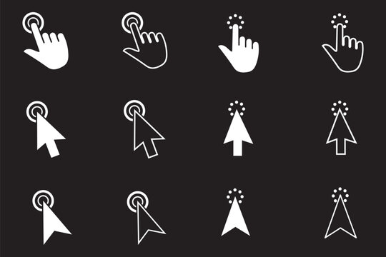 Click Hand and Cursor Pointer Icon Set &ndash; Tap Gesture, Mouse Click, Touchscreen Interaction Line Icons