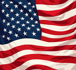 Fototapeta premium Vector design with decorative drawing of national flag of usa is fluttering in wind. Fashion t-shirt print. American pattern of stars and wavy stripes for textiles, fabric, clothing.