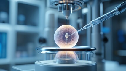 Naklejka premium A laboratory scene showing a scientist working with an embryo for IVF, using precise equipment and techniques in a sterile environment.