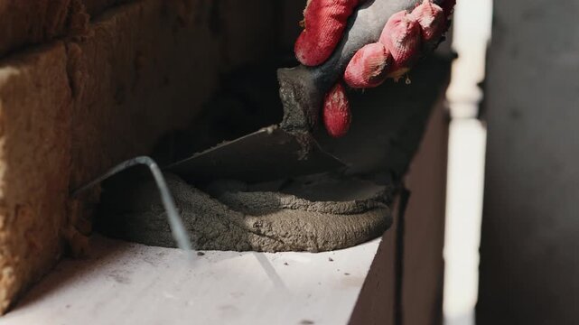 Applying mortar along edge of aerated concrete block with trowel close up