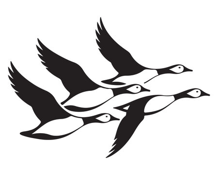 Flock of flying ducks silhouette vector, migrating birds wild goose icon set