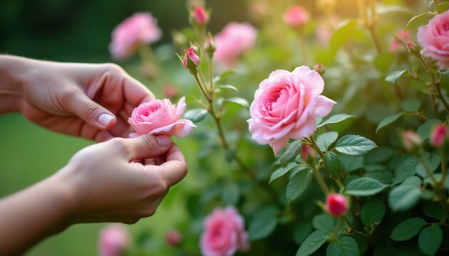 Person hands touch gentle pink rose bloom on green bush. Closeup shot of delicate flower growth. Soft sunlight on floral plant in garden during warm season.