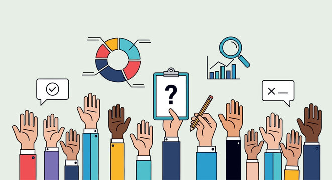 Conceptual illustration of diverse hands raised for voting or decision making with charts and question mark.