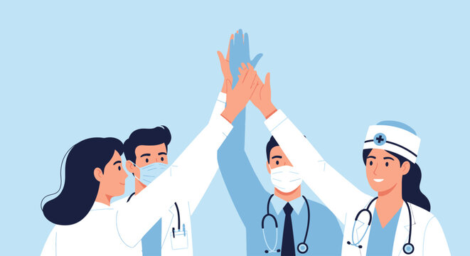 Medical team celebrating success with high five gesture.