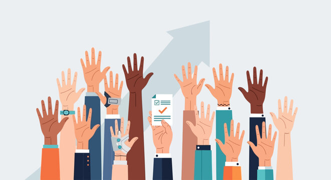 Diverse group of raised hands with voting ballots representing participation and democracy.