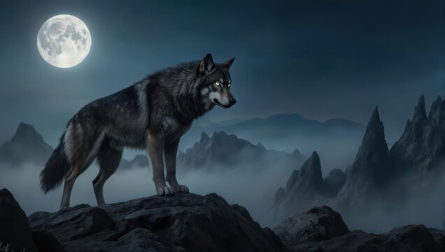 Lone wolf standing on a rock under the full moon at night.