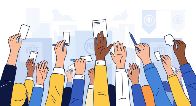 Diverse group of people raising hands with voting cards in a democratic election.