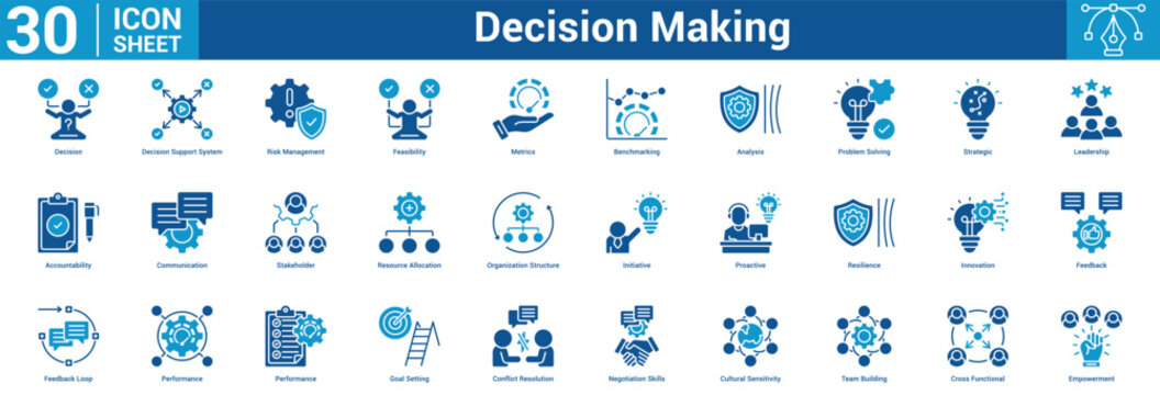 Decision Making icon set vector illustration concept for business with icon of Decision, Decision Support System, Risk Management, Feasibility, Metrics, Benchmarking, Analysis, Problem Solving.