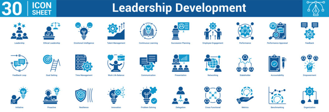 leadership development editable icon set collection containing engagement, performance, appraisal, feedback, goal, time,  and more.