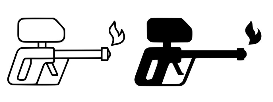 Flamethrower minimalist icon, in outline and silhouette design