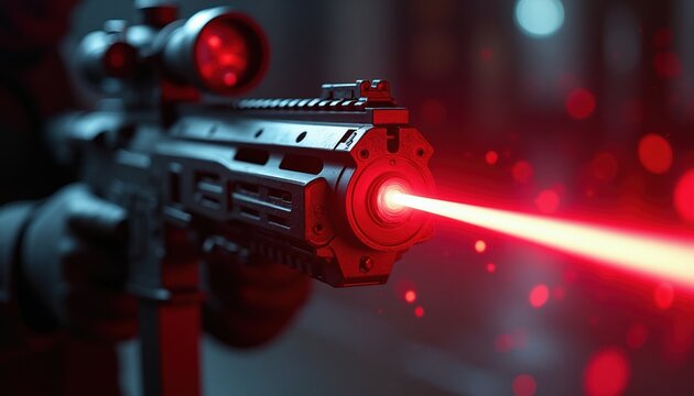 Futuristic gun fires red laser beam. Close up of advanced weapon with scope. Tactical firearm in dark with glowing precision sight, ready for combat.