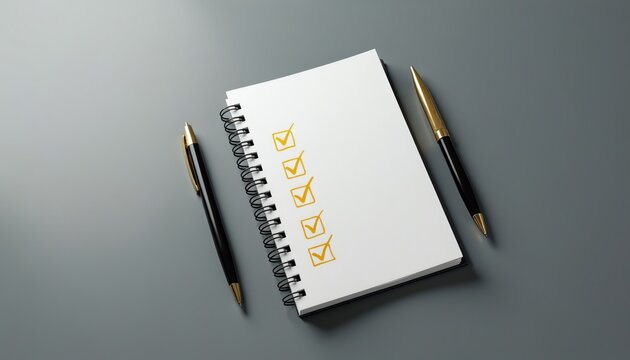 Minimalist photo of spiral notepad with yellow checkmarks, two pens. White pages show completed tasks. Elegant setup on gray surface. Orderly office desk for business planning personal goal