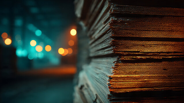 Thick weathered stacked paper reams with rough textured edges, in a dimly lit industrial warehouse with blurred bokeh lights, concept for archive storage, printing industry and vintage document