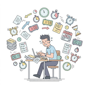 Illustration of a stressed man sitting at a desk with a laptop surrounded by clocks, calendars, and time management icons in a chaotic and colorful composition.