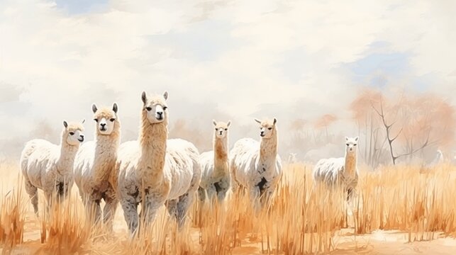A tranquil herd of light-colored llamas gathered in a sunlit grassland under a cloudy sky