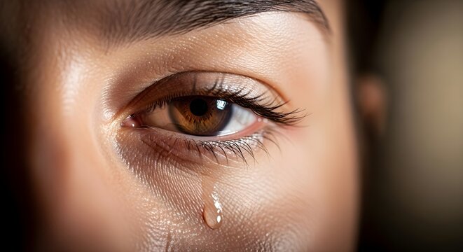 Close-up of a Sad Human Eye with a Single Tear Rolling Down the Cheek