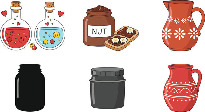Nut butter jar, decorative ceramic pitchers and potion bottles with love elixir liquids cartoon vector illustration set