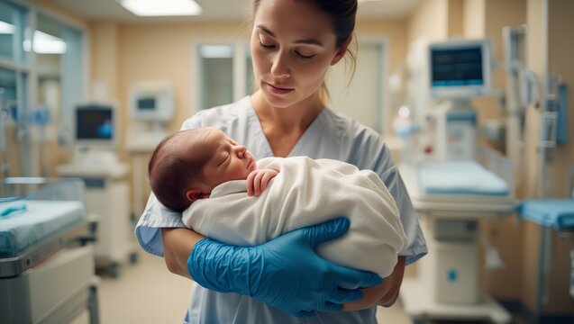 A female doctor in a hospital setting gently cradles a newborn baby in her arms, exuding care and compassion. The medical environment is evident with equipment and blue accents in the background.