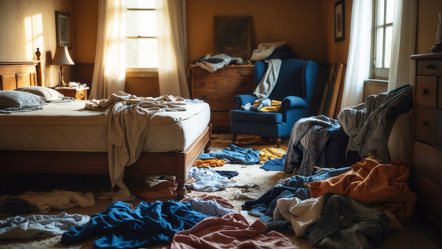 Extremely messy bedroom with trash clothes and empty containers scattered everywhere, chaotic living space after party or depressive episode, concept of burnout procrastination mental overload
