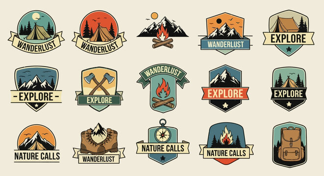 Vintage outdoor adventure badges and labels.