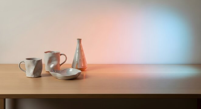 Artisanal Ceramic Pottery Collection on Wooden Table with Artistic Gradient Background