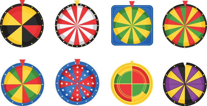 \Set of Eight Colorful Spinning Fortune Wheels and Prize Game UI Elements for Casino GamblingSet of Eight Colorful Spinning Fortune Wheels and Prize Game UI Elements for Casino Gambling