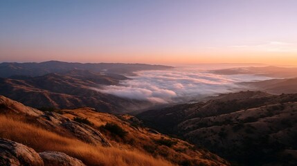 Naklejka premium Rolling hills viewed at dawn covered in thick mist and illuminated by the soft expansive sunrise glow