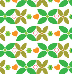 Obraz premium Retro floral seamless pattern with geometric leaves and hearts, vintage 70s style flower background, green and orange botanical vector illustration