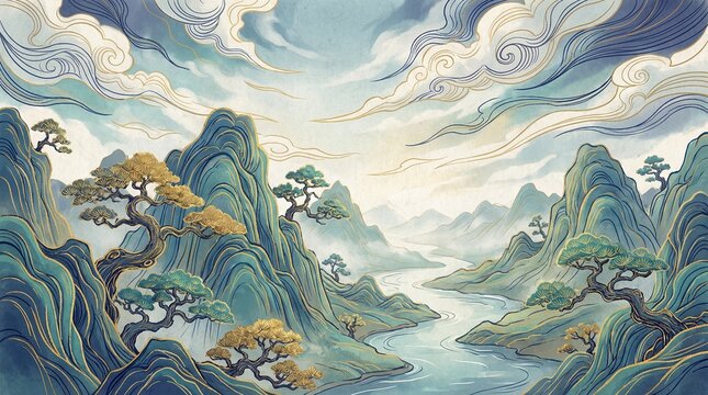 Traditional chinese shanshui landscape painting with mountains and pine trees in watercolor style.