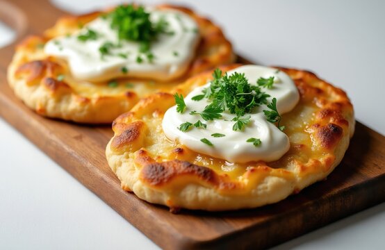 Hungarian langos flatbread topped with sour cream cheese and parsley. Fried dough served on wooden board. Crispy snack food ready for eating.
