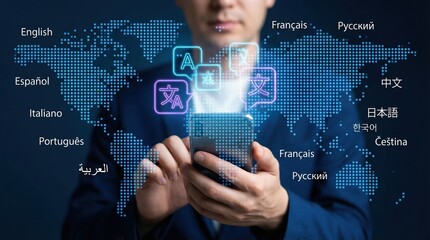 Naklejka premium Businessman using a smartphone language translation app for global communication with a digital world map background.