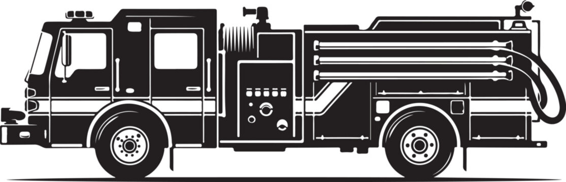 Fire truck, fire engine, emergency vehicle, black and white vector, illustration