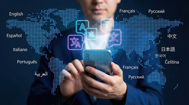 Businessman using a smartphone language translation app for global communication with a digital world map background.