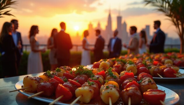 People gather on a city rooftop for a sunset party. Grilled skewers and drinks are served. Guests socialize and enjoy the urban skyline views. Event has elegant and festive atmosphere.