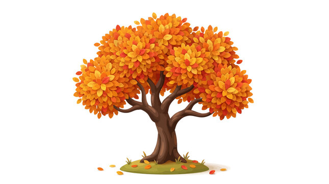 Vibrant orange autumn tree with lush foliage standing alone on green grass against white background, showcasing seasonal colorful change