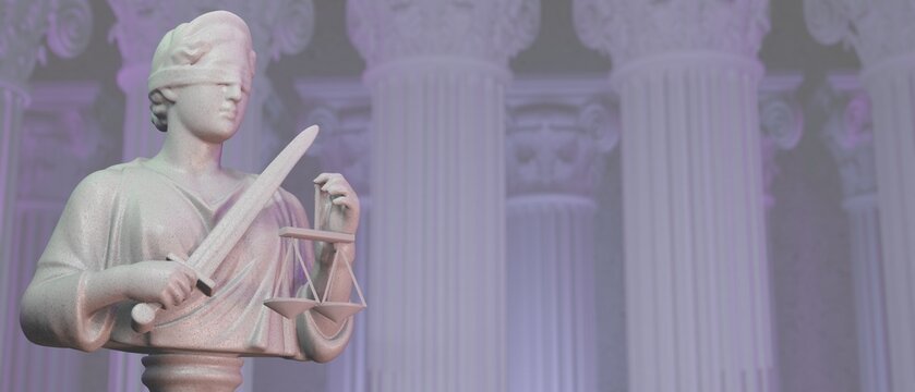 Lady Justice statue holding sword and scales of justice against a background of classical courthouse columns with soft purple and grey lighting, 3D rendering.